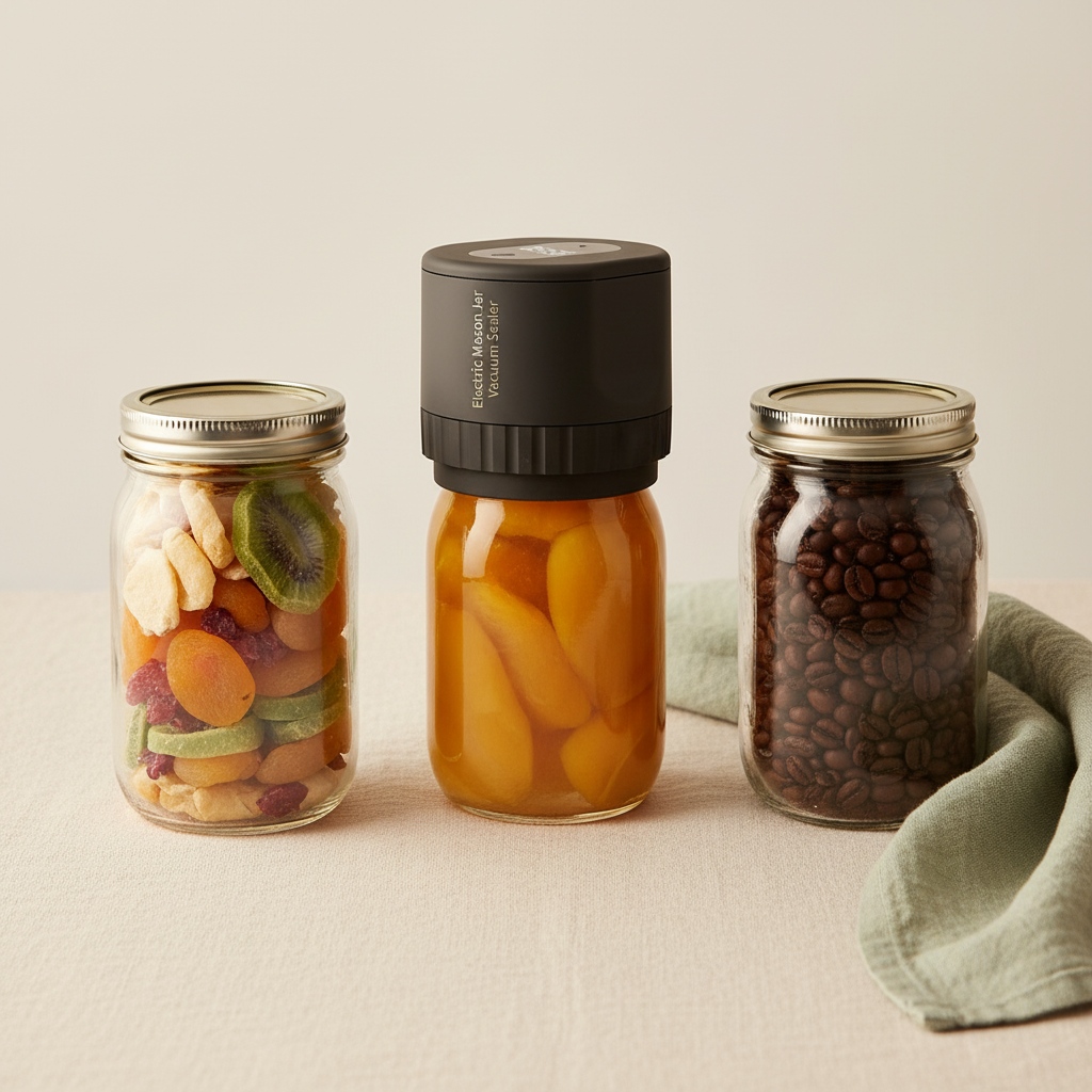 Vacuum sealed mason jars of spices on kitchen shelf