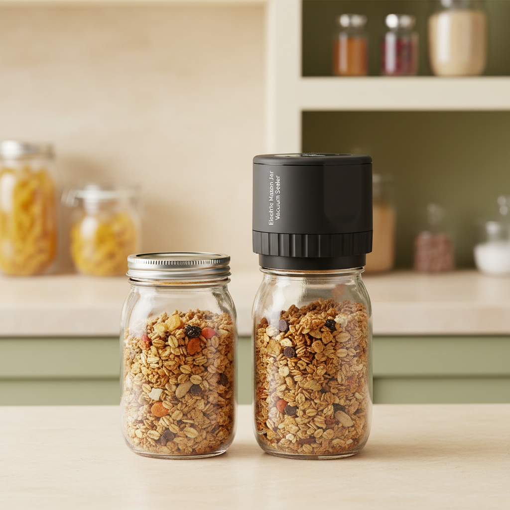 PactFresh jar sealer vacuum sealing a jar of dried herbs